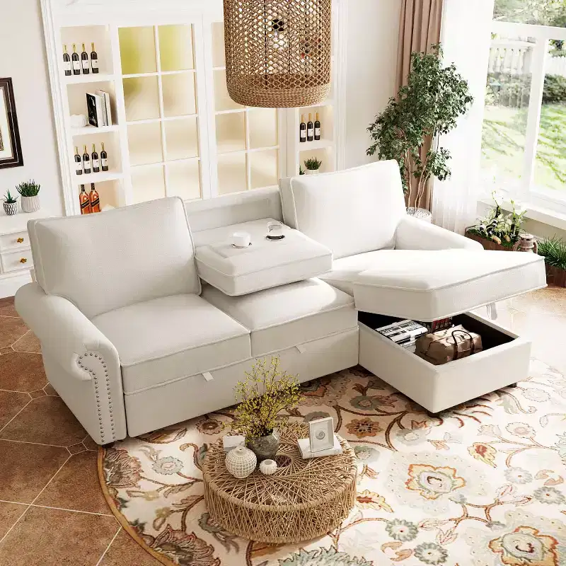 95 Modern Fabric Sectional Sofa with Storage Chaise and Pull-Down Backrest, Convertible Sleeper Sofa for Living Room or Family Room-Panipeachy