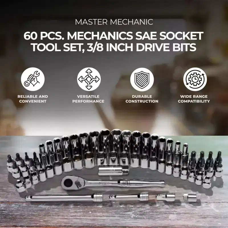 Master Mechanics 60 Piece Mechanics SAE Drive Socket Tool Set, 3/8 Inch Drive Ratchet with Standard, Deep, and Bit Socket Multi-Use Accessory Kit