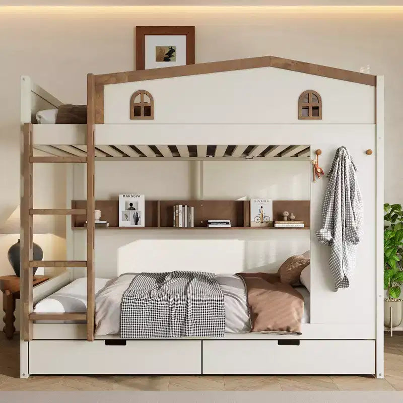 Queen Size Bunk Bed with Trundle/Drawers & Shelves, Solid Wood Bunk Bed Frame, No Box Spring Needed - ModernLuxe