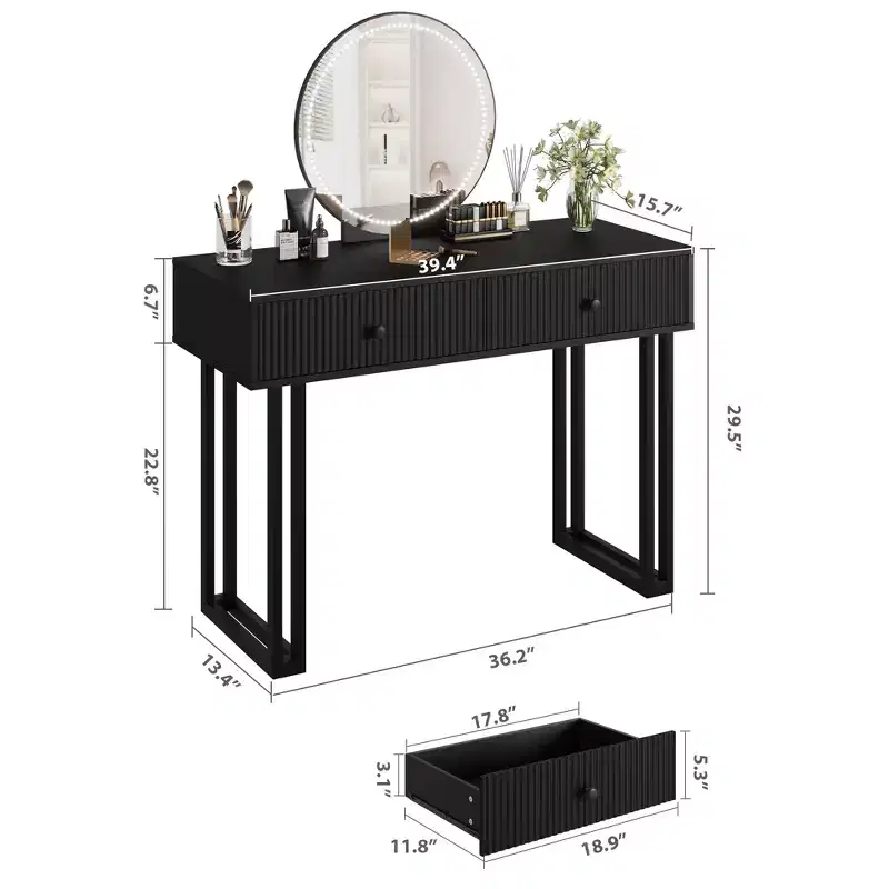 Vanity Makeup Desk with HD Round Mirror, 40 Small Modern Black Vanity Desk, Dressing Table with 2 Drawers, Girls Compact Vanity Desk for Bedroom