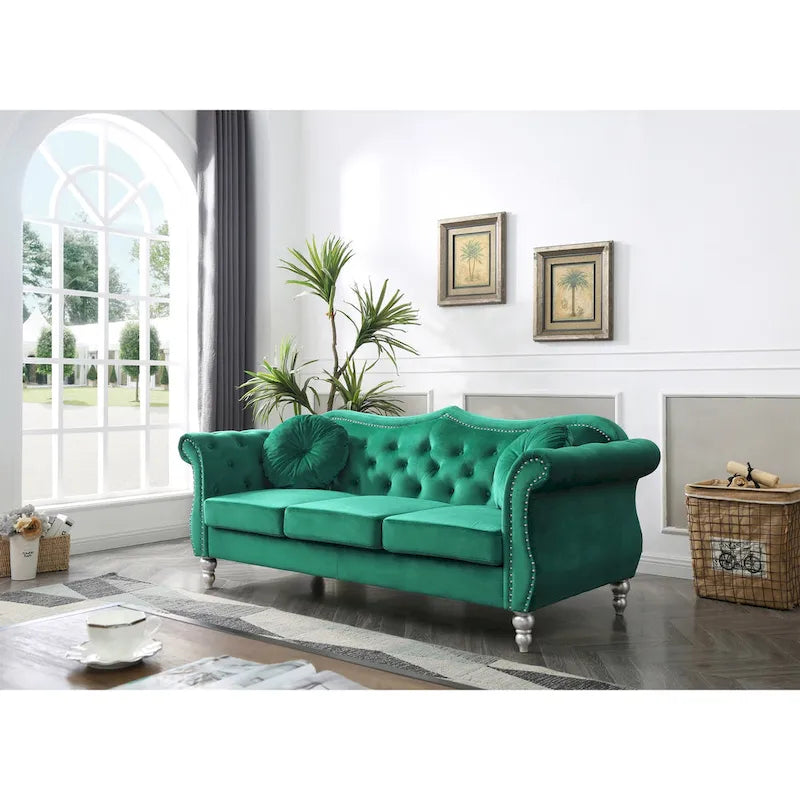 82 in. Velvet Chesterfield 3-Seater Sofa with Tufted Back and Nailhead Trim