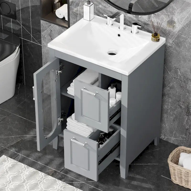 Bathroom Vanity Cabinet with Ceramic Sink Two Drawers and Storage Door
