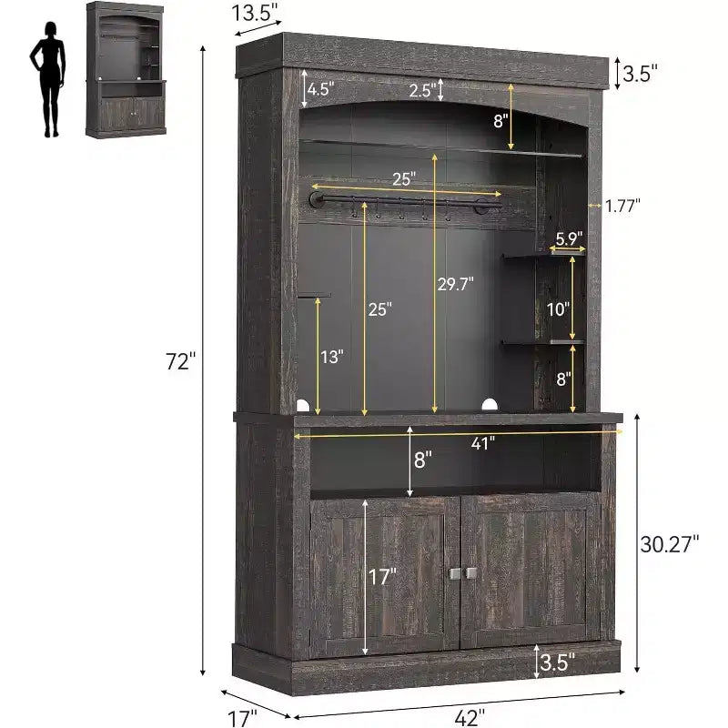 Acekool 72 Farmhouse Pantry Cabinet - Coffee Bar Station with 3-Color LED Lights, Ample Storage & S-Hooks for Kitchen, Dining Room