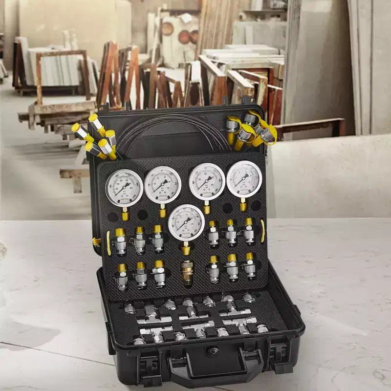 VEVOR Hydraulic Pressure Test Kit, 10/100/250/400/600bar, 5 Gauges 13 Couplings 14 Tee Connectors 5 Test Hoses, Black