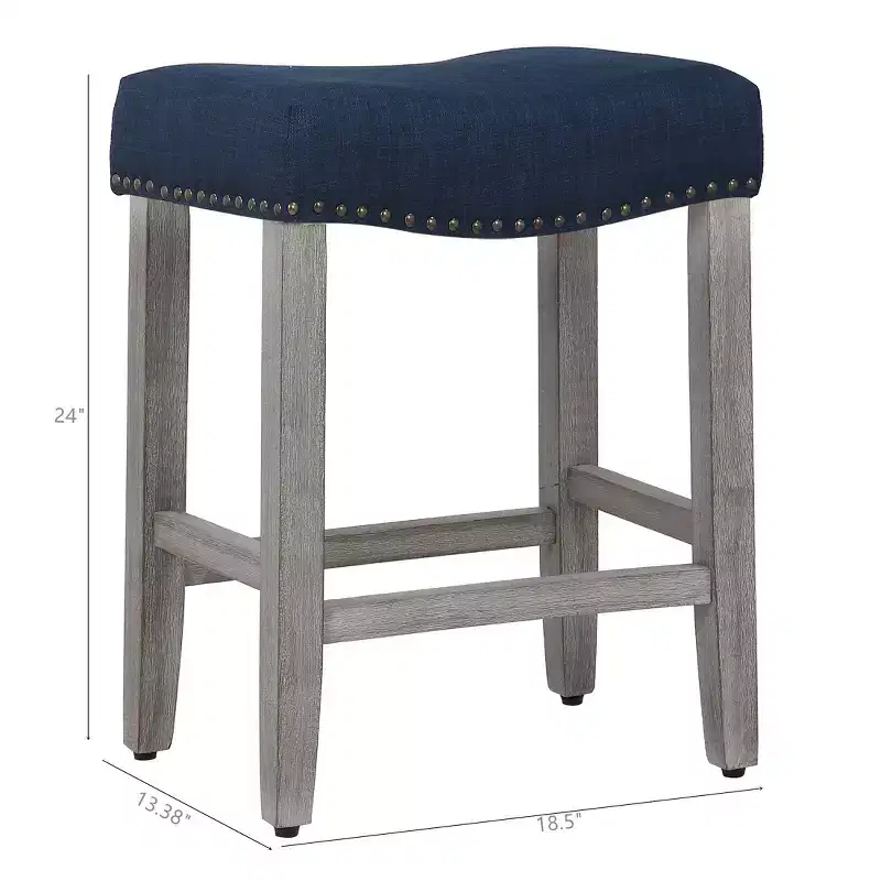 WestinTrends 24 Upholstered Saddle Seat Counter Stool (Set of 2), Antique Gray/Navy Blue