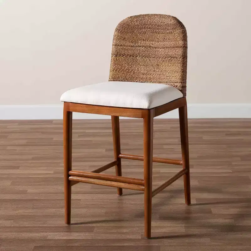 bali & pari Nadim Natural Seagrass and Acacia Wood Counter Height Barstool Set White/Natural: Polyester Upholstery, Spot Clean