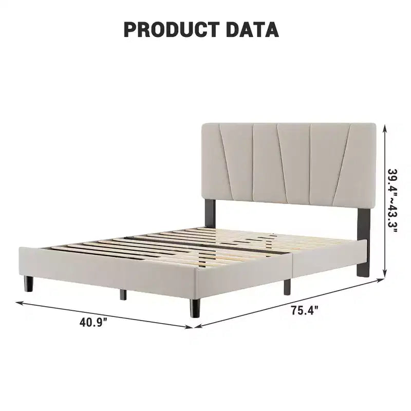 Twin Platform Bed Frame with Adjustable Linen Upholstered Headboard, Strong Wooden Slats, Mattress Foundation, No Box Spring Needed & Easy Assembly