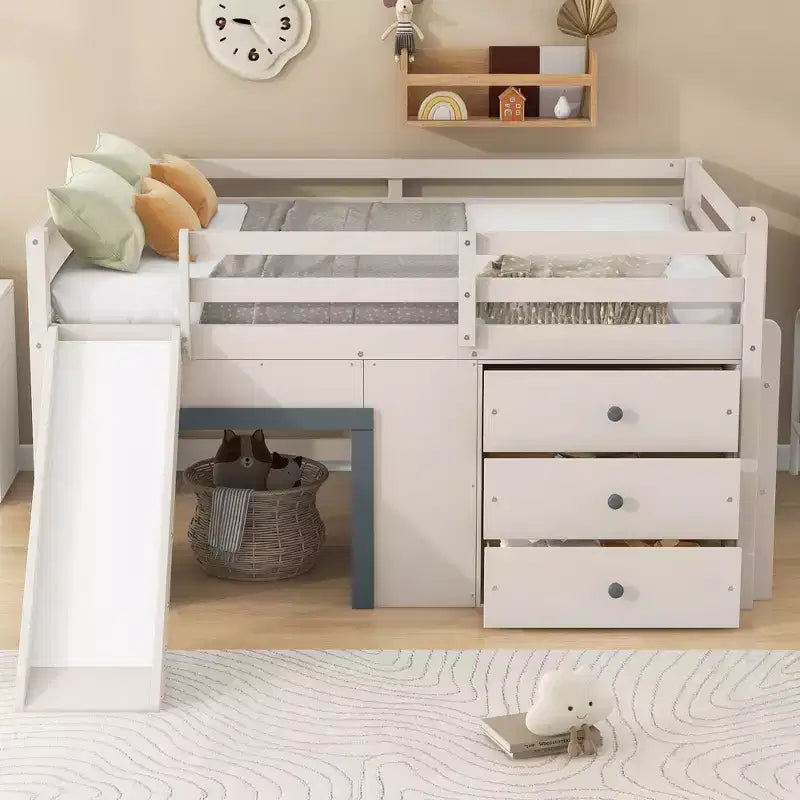 Full Size Low Loft Bed with Slide, Full Wood Loft Bed Frame with Storage Drawers and 2 Doors, Beige+Grey