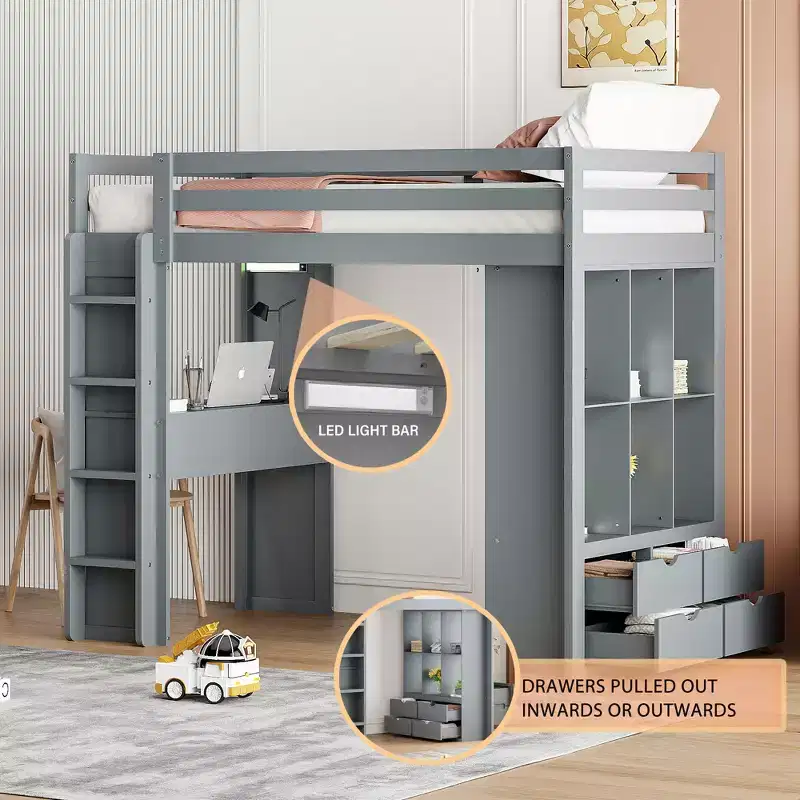 Twin/Full Size Loft Bed with Desk and LED Light, Solid Wood Loft Bed Frame with Shelves & Ladder