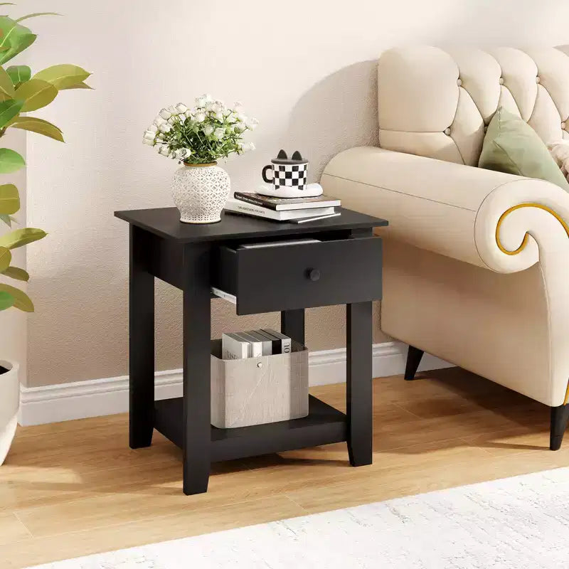Costway 1/2 PCS Nightstand with Drawer 3-Tier Modern Bedside Table with Open Shelf Storage for Bedroom White/Black