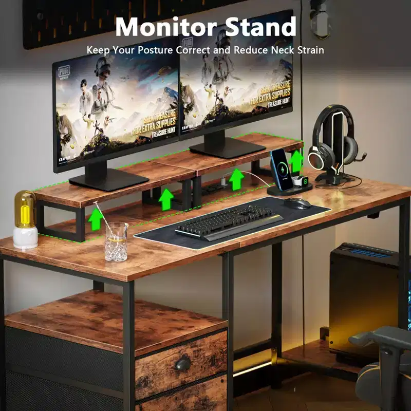 47 Inch Rustic Brown Computer Desk with Charging Station File Cabinet Home Office Gaming Desk 2 Monitor Stands Storage Drawer Shelf Writing Table