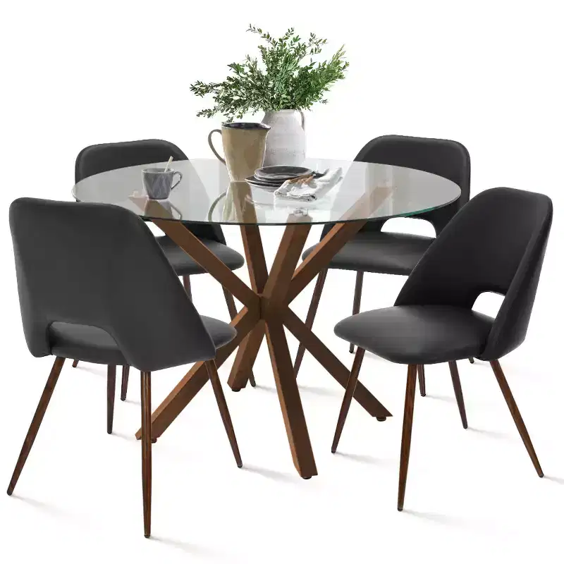 5-Piece Round Glass Dining Table Set with Faux Leather Chairs, Modern Kitchen Table Set with Walnut Legs for 4-Panipeachy