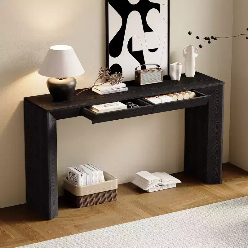 Wood Console Table with Drawers, Entryway Table Thickened Legs, Minimalist Hallway Table with Storage