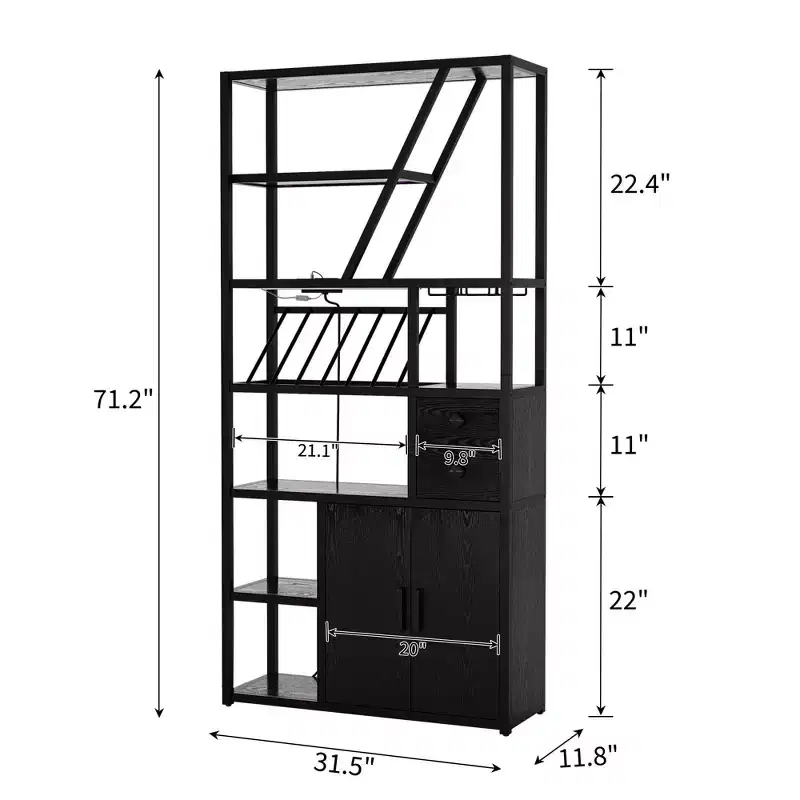 71 in Tall Wine Bar Cabinet with LED Light, Industrial Wine Rack with Glass Holder and Storage Cabinets, 42x15x71 in