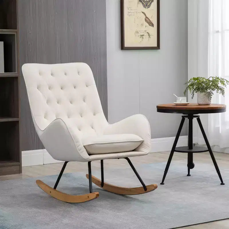 Mid-Century Fabric Rocking Chair Sofa Armchair Tufted Rocker Wingback Accent Chair with Padded Seat, Rubber Wood Base for Home Studio, Bedroom