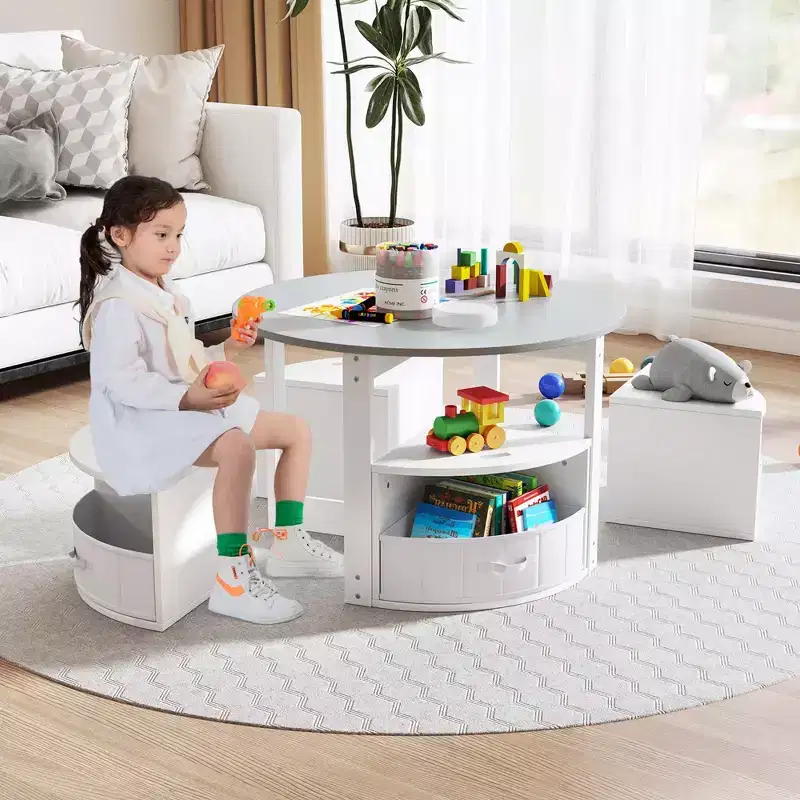 Costway 5 Piece Kids Play Table and Chairs Set Round Nesting Table Toddler Furniture Gray/Natural