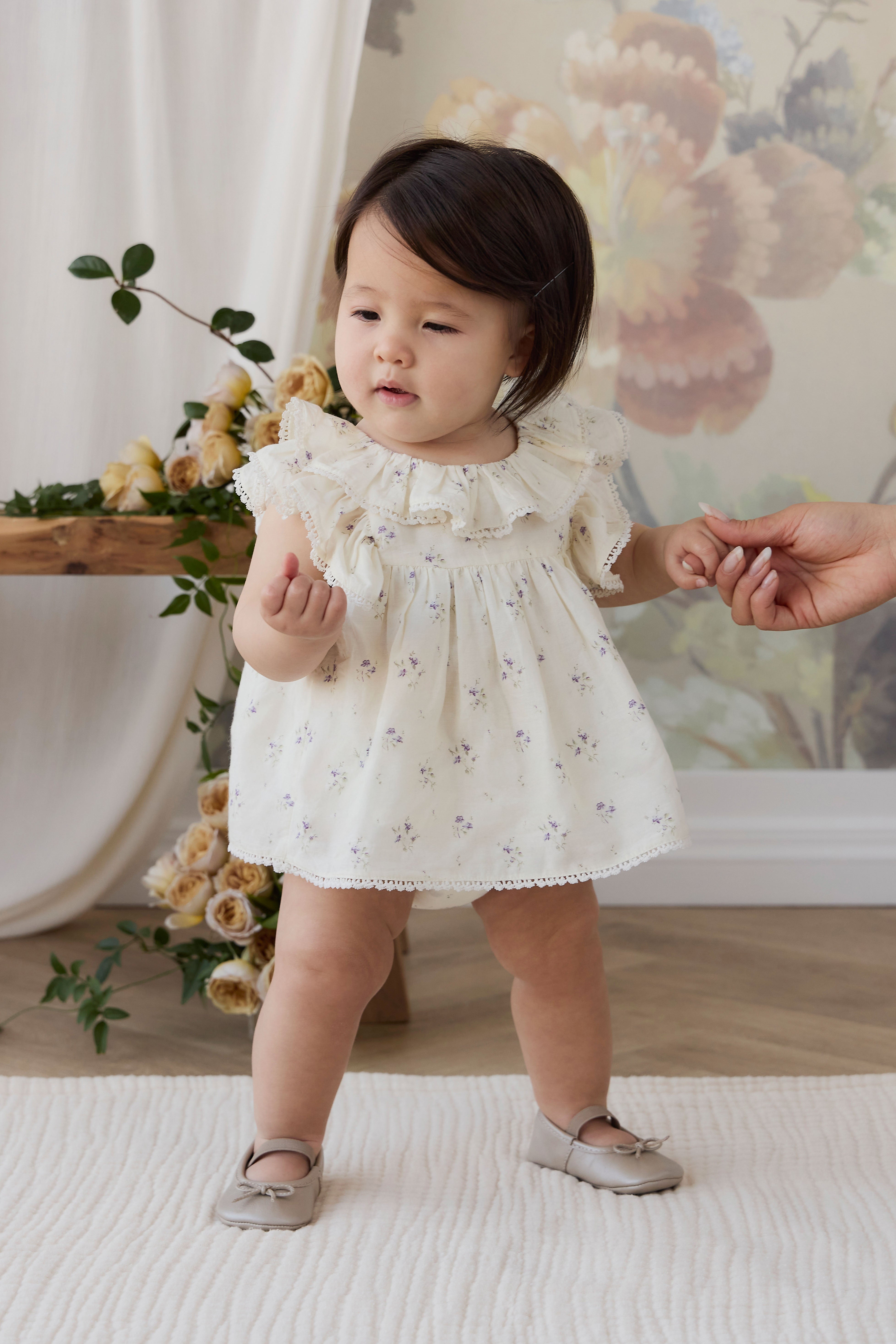 French Cream Jade & Lavender Floral Print Organic Cotton Blouse with Ruffle Collar & Flutter Sleeves for Girls Spring-Summer Outings (0�C10Y)