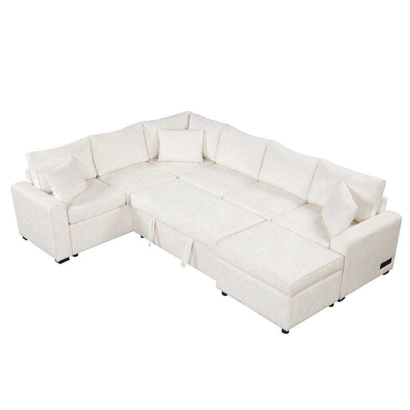 Chenille Sectional Sofa Pull-out Sofa Bed, L-Shape Sleeper Sofa with Storage Ottoman, 3 Pillows and Charging Devices