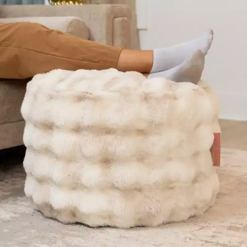 Raven Round Ottoman Accent Pouf by Raven-Symon Home - Faux Fur
