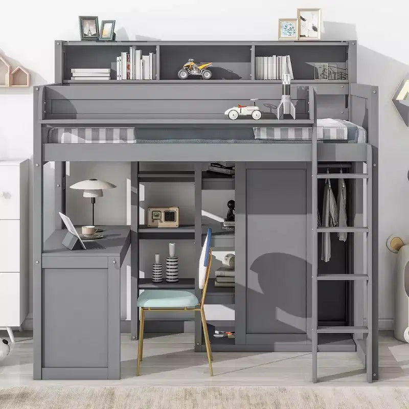 Whisen 77.16''L x 48.5''W Wood Twin Size Loft bed with Multiple Storage Shelves and Wardrobe, Ample Storage Space