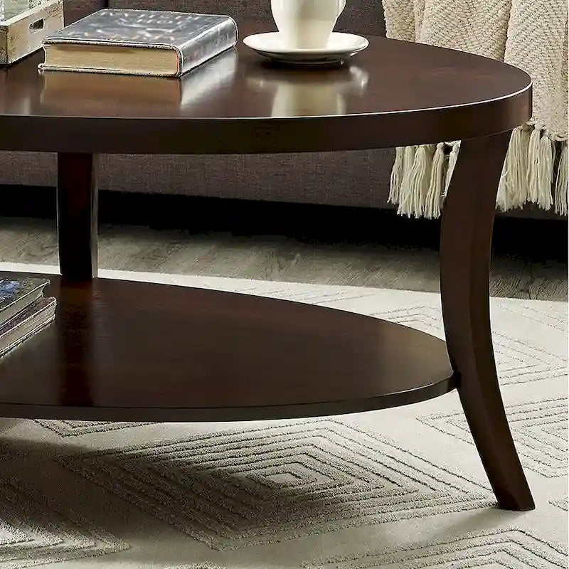 Oval Birch Wood Veneer Coffee Table with Lower Shelf