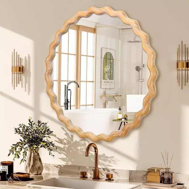 28 Round Wavy Wall Mirror, Whitewashed Scalloped Wood Finish Decorative Mirror for Living Room, Bathroom Vanity - Panipeachy