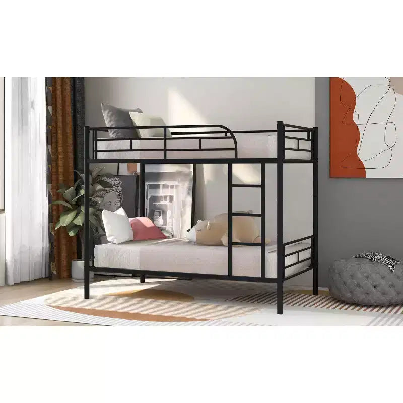 Bunk Bed with Ladder and Safety Guardrail Metal Loft Bunkbeds for Kids, Girls, Boys Easy Assemble Space-Saving