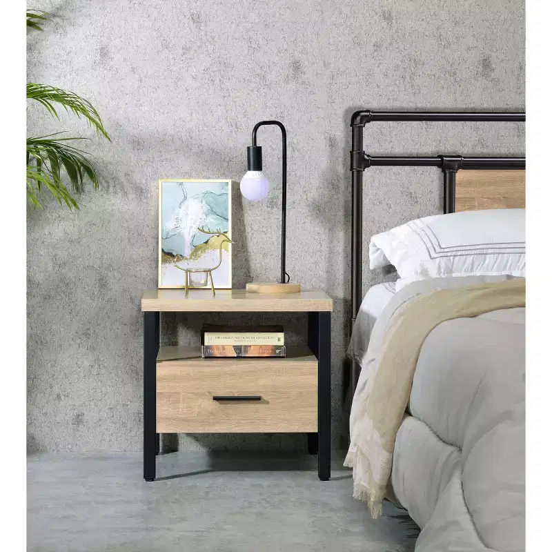 20 Yawan Accent Table Oak/Black Finish - Acme Furniture: Rectangular with Drawer, Open Shelf, Metal Glides