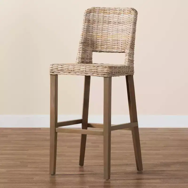bali & pari Magy Rattan and Mahogany Wood Barstool Kubu Gray/Rustic Taupe