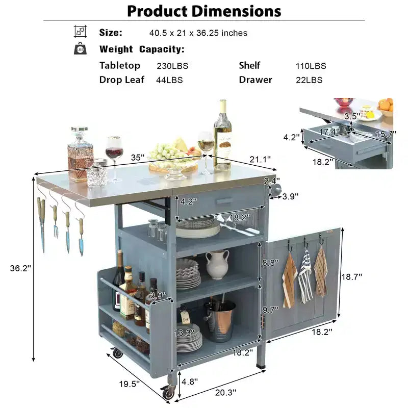 Grill Cart with Storage, Patio Kitchen Island Outdoor Grill Table with Lockable Wheels Drop Leaf, BBQ Cart Movable Pizza Oven Table Stand
