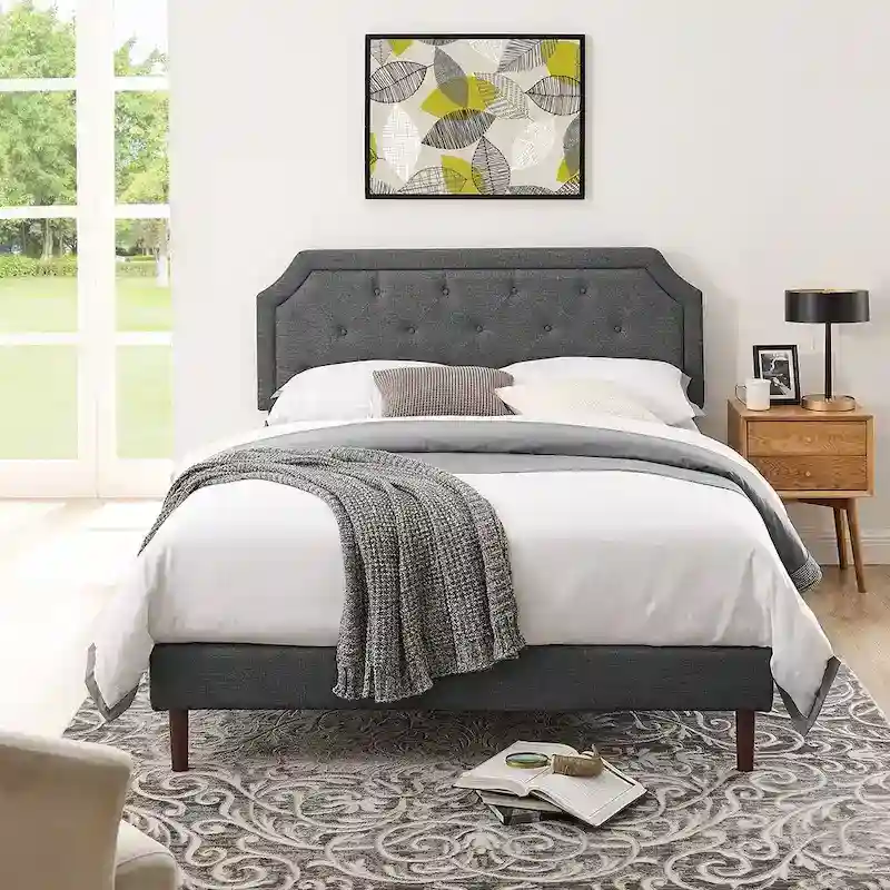 Tufted Upholstered Platform Bed Frame, Adjustable Height Headboard, Wood Slat Support, No Box Spring Needed, Queen or King