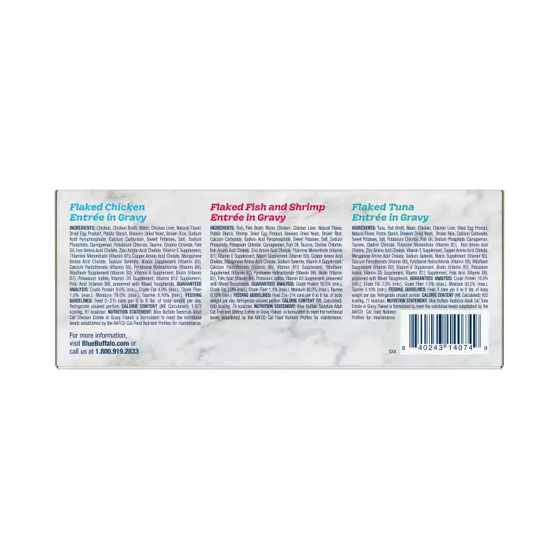 Blue Buffalo Tastefuls Natural Flaked Wet Cat Food Variety Pack, Tuna, Chicken, Fish & Shrimp Entrées in Gravy - 3oz/12ct