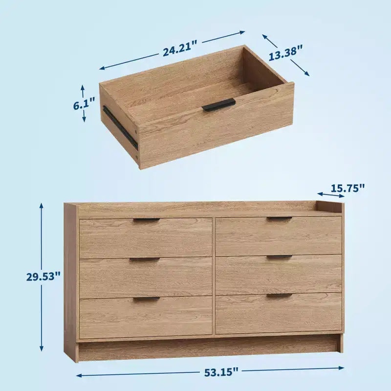 6 Drawer Dresser for Bedroom, 52W Wooden Chest of Drawers with Metal Handles, Clothes Storage Organizer, Dresser TV Stand for Hallway, Bedroom
