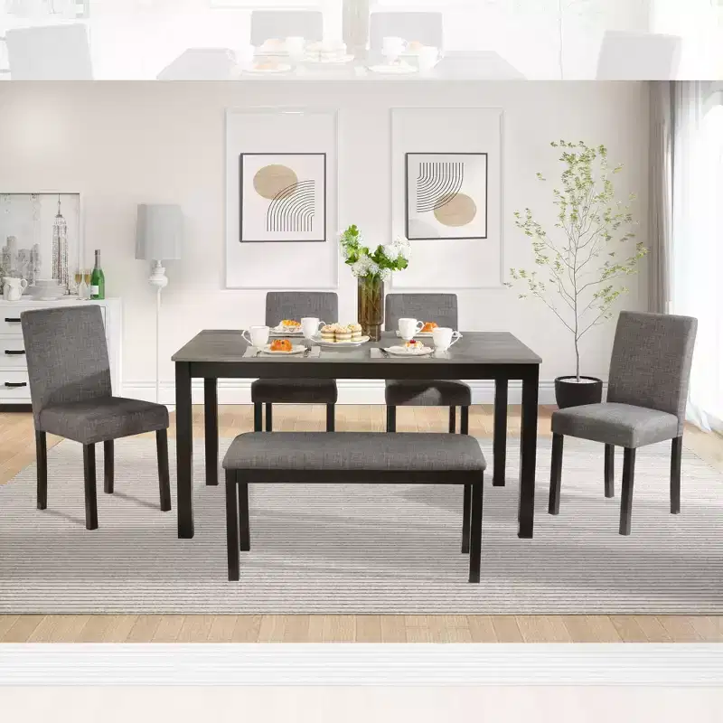 sumyeg 6 Piece Dining Table Set with Rectangular Table, Chairs and Bench for Dining Room