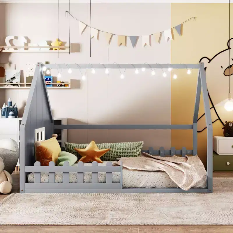 Okak Full Size Bed Frame with Storage Headboard, Solid Wood Full Wood House Platform Bed with Window and Fence for Bedroom, Gray