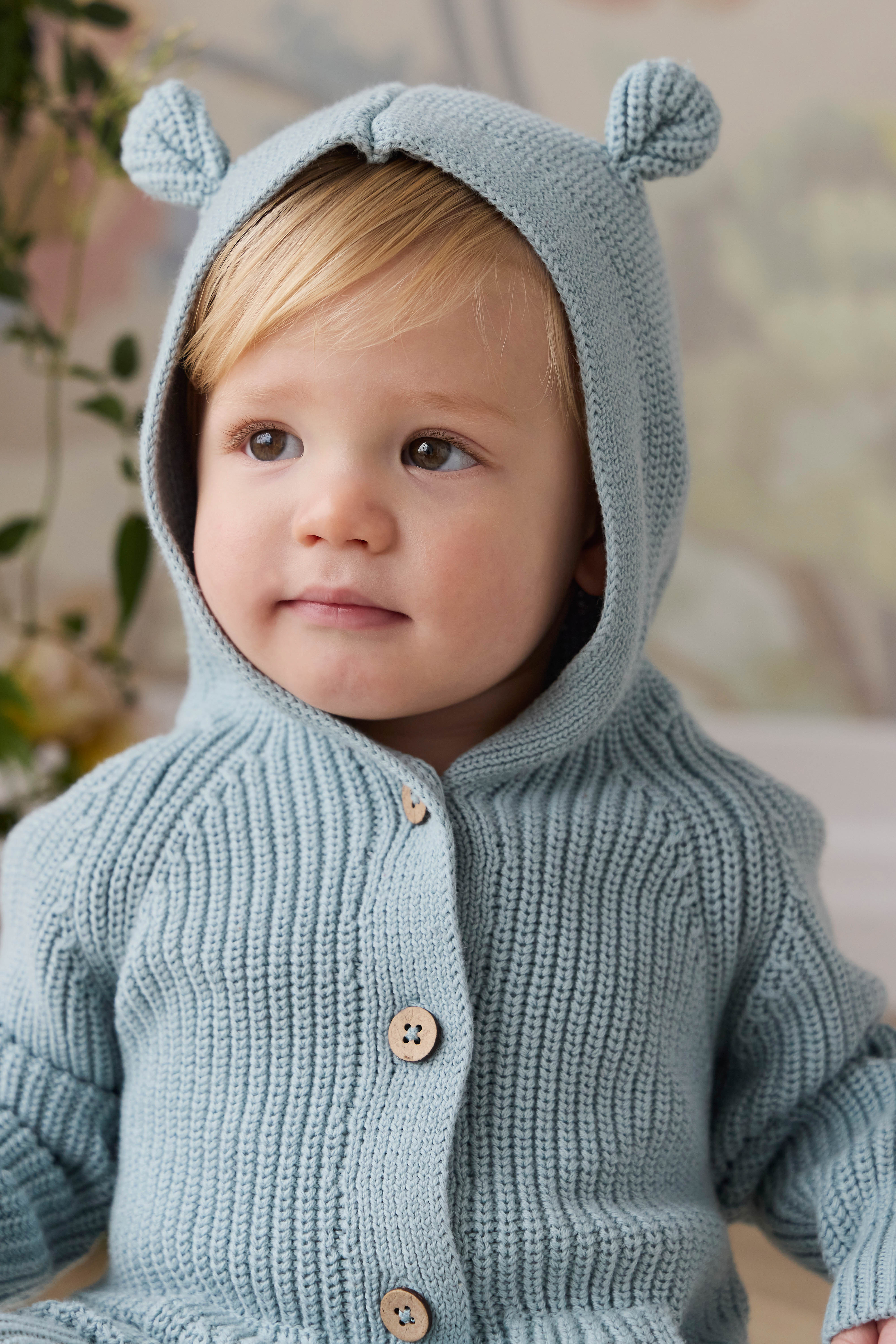 Playful Dusty Blue Bear Ear Hooded Cotton Knit Onepiece with Button-Down Front & Front Pockets for Baby Autumn-Winter (0�C3Y)
