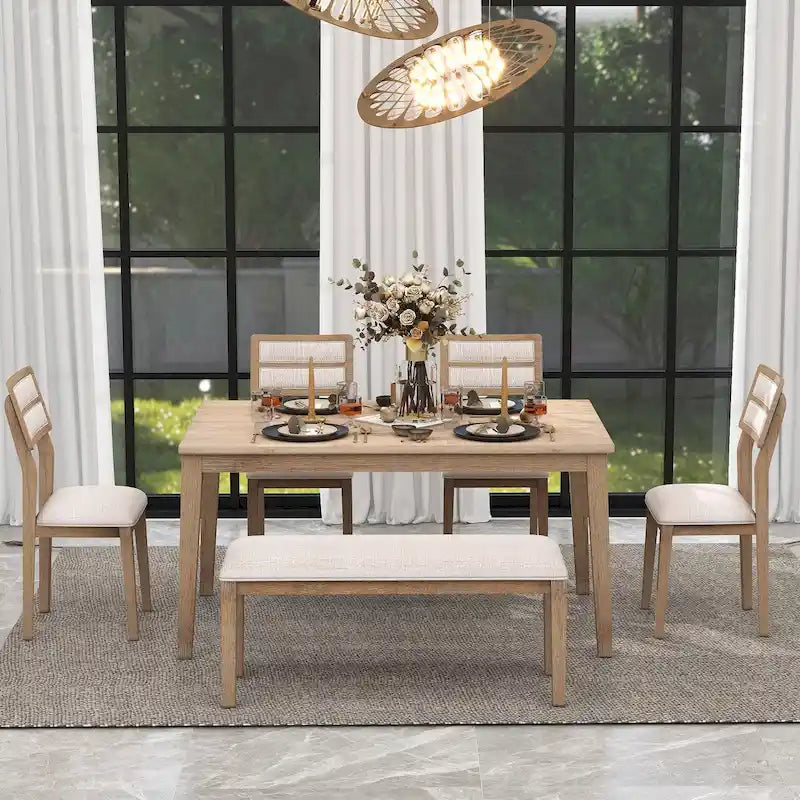 Natural Wood Wash Solid Wood 6-Piece Dining Table Set with Bench