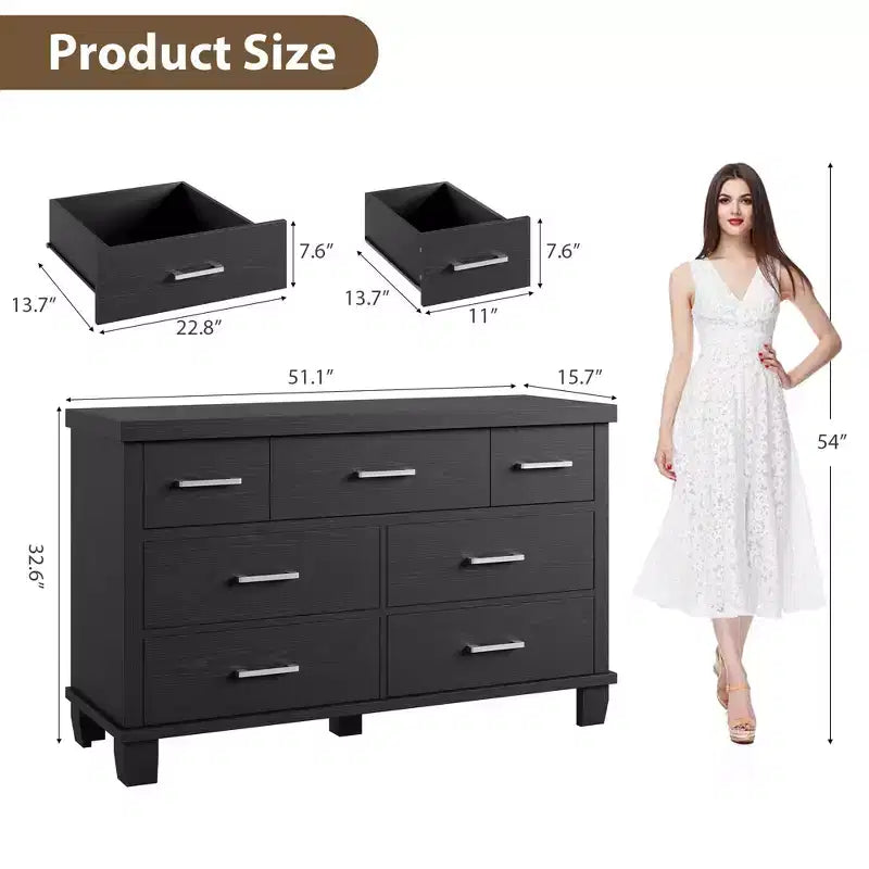 7 Drawers Dresser, Metal Handle, Wooden Dresser Organizer, for Living Room, Entryway