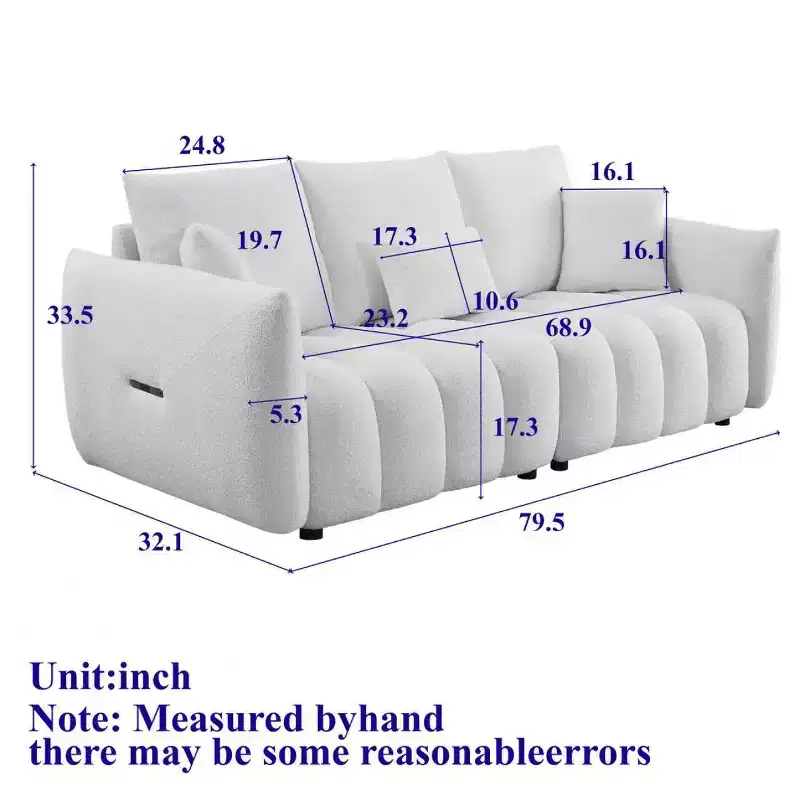 3-seater Upholstered Sofa Couch, Teddy Fabric Sofa with 3 Back Pillows