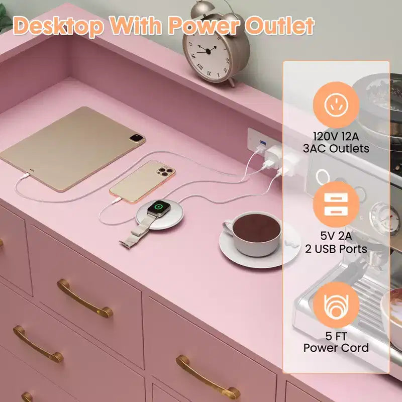 8 Drawer Dresser with Led Lights and Charging Station, Modern Dresser for Bedroom , Wooden Drawer with Open Space, Storage Organizer for Living Room,