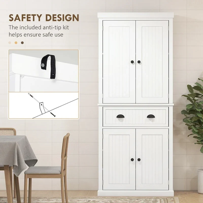 72 Kitchen Pantry Storage Cabinet, Traditional Freestanding Cabinet with 4 Doors and 3 Adjustable Shelves, Large Central Drawer