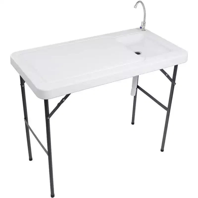 Outdoor Folding Fish & Game Cleaning Table, Portable, Drainage Hose, Stainless Steel Faucet, White