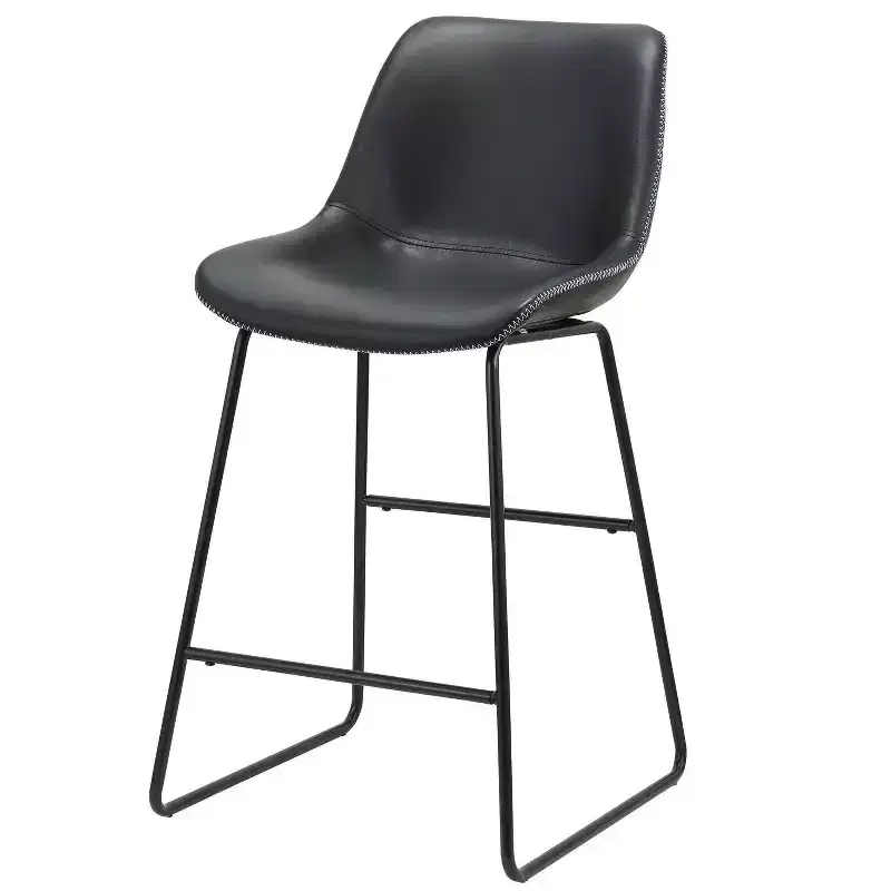 HomeRoots Set of Two Black Faux Leather and Metal Low Back Counter Height Bar Chairs