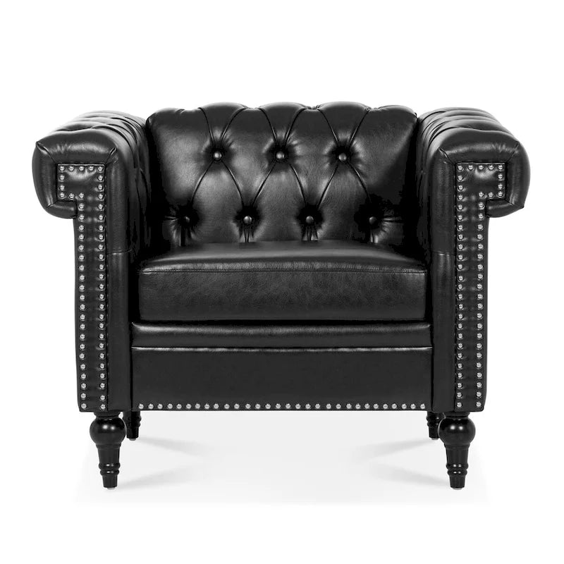 PU Leather Accent Arm Chair with Silver Stud Trim and Wood Legs
