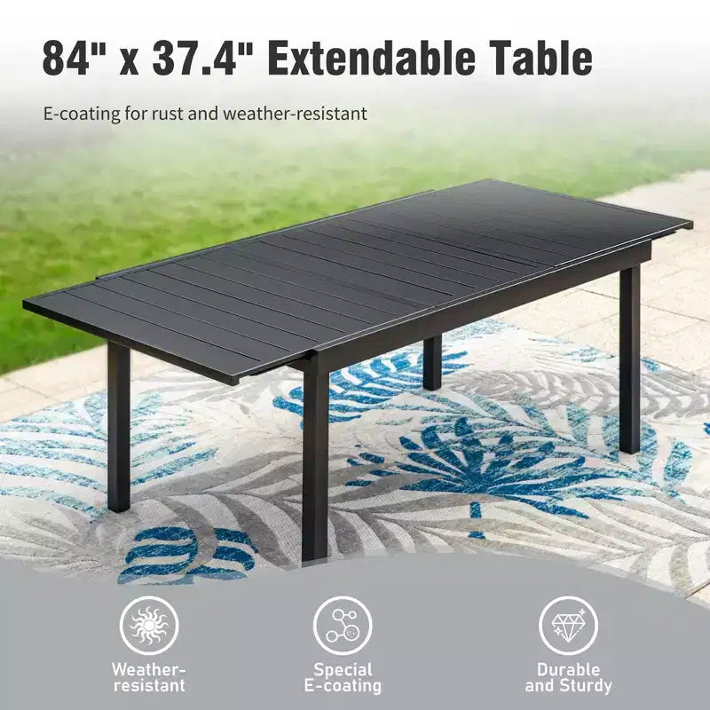 Captiva Designs 9pc Patio Slat-top Adjustable Steel Rectangle Dining Table & Black Metal Chairs