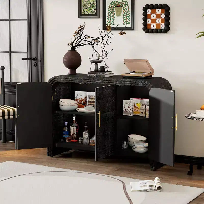 47.2W Retro Sideboard, Minimalist Curved Storage Cabinet with Gold Handles and Adjustable Dividers 4B -ModernLuxe