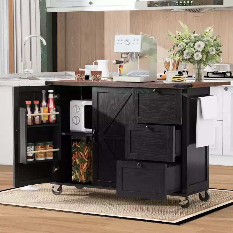 Farmhouse Kitchen Cart Island | Drop Leaf, 3 Drawers & Locking Wheels