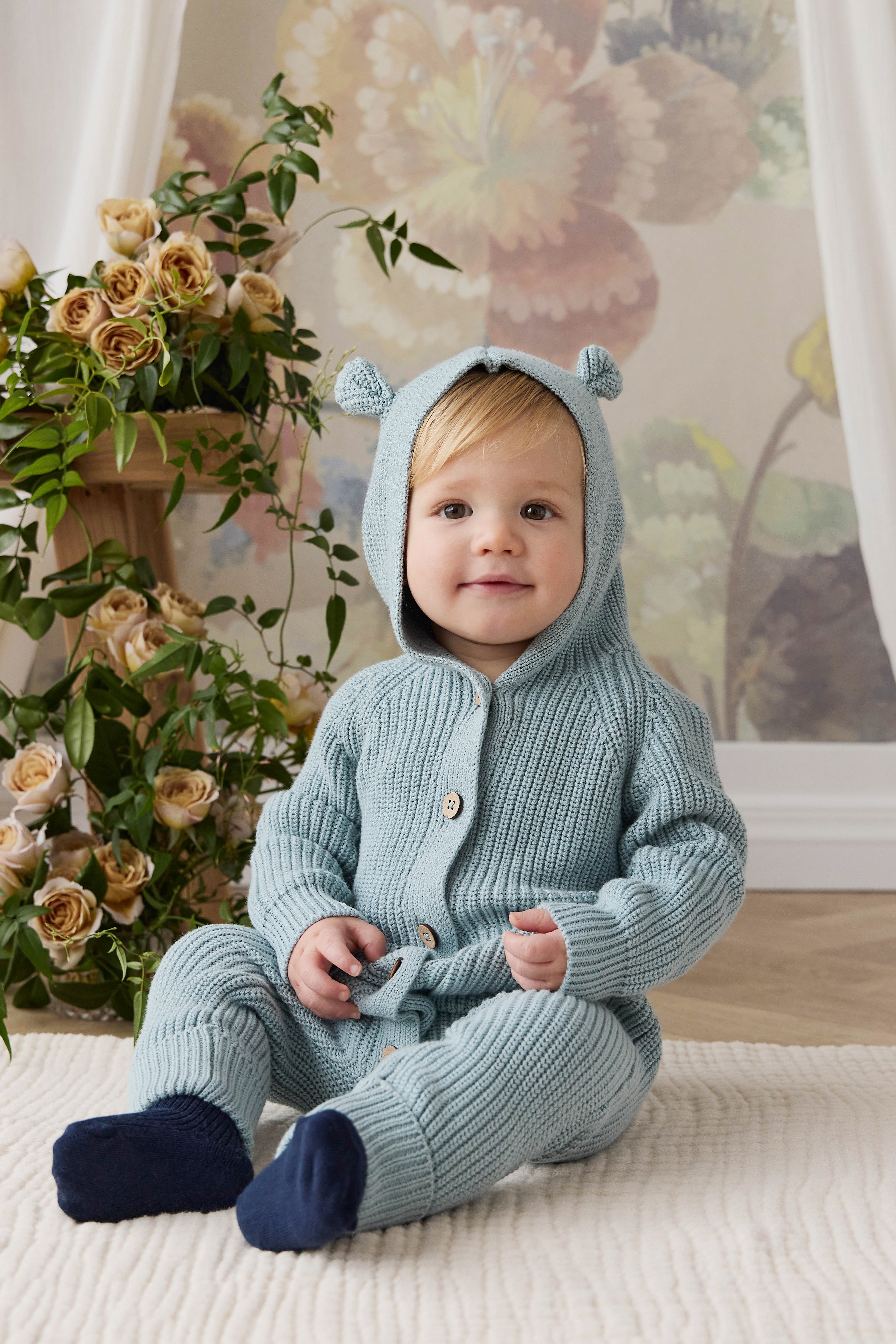 Playful Dusty Blue Bear Ear Hooded Cotton Knit Onepiece with Button-Down Front & Front Pockets for Baby Autumn-Winter (0�C3Y)
