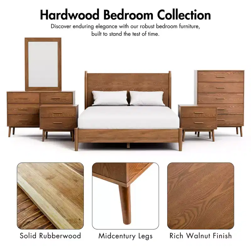 HOMES: Inside + Out 3pc Queen Riverstone Mid-Century Modern Bedroom Set with 2 Nightstands Walnut