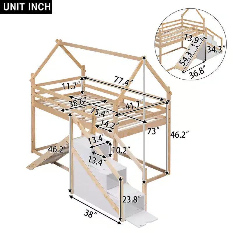 House Bunk Beds with Slide and Storage Stairs, Kids Wood Twin over Twin Bunk Bed with Roof and Stairs for Girls Boys